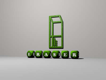 3D representation of eraser with icon on the wall and text arranged by metallic cubic letters on a mirror floor for concept meaning and slideshow presentation. illustration and pencilの写真素材