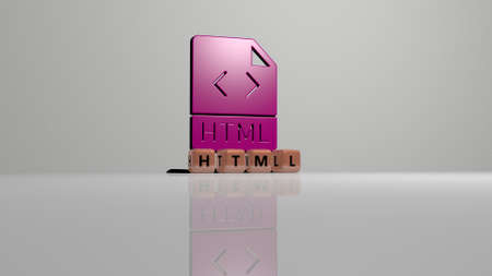 3D graphical image of html vertically along with text built by metallic cubic letters from the top...