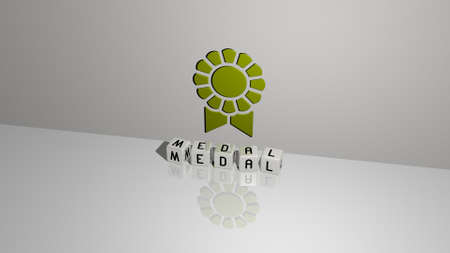 3D graphical image of medal vertically along with text built by metallic cubic letters from the top perspective, excellent for the concept presentation and slideshows. illustration and awardの写真素材