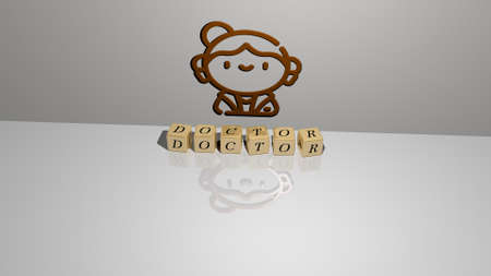 3D illustration of DOCTOR graphics and text made by metallic dice letters for the related meanings...