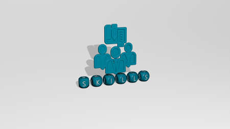 3D representation of SKILLS with icon on the wall and text arranged by metallic cubic letters on a...