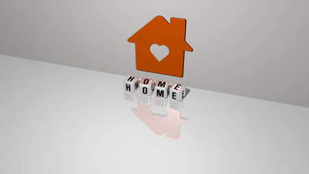 3D graphical image of home vertically along with text built by metallic cubic letters from the top perspective, excellent for the concept presentation and slideshows. background and houseの写真素材