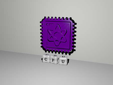 3D illustration of CPU graphics and text made by metallic dice letters for the related meanings of...