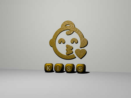 3D representation of kiss with icon on the wall and text arranged by metallic cubic letters on a...