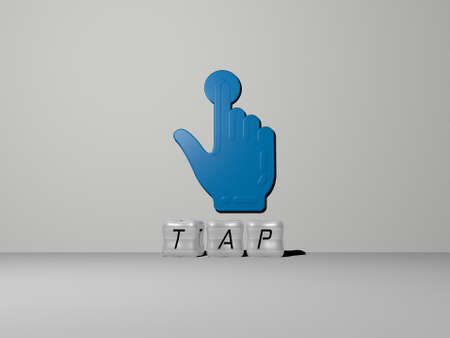 3D representation of tap with icon on the wall and text arranged by metallic cubic letters on a mirror floor for concept meaning and slideshow presentation. water and illustrationの写真素材