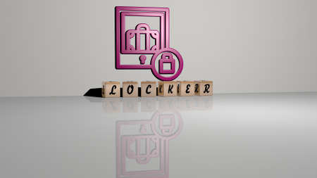 3D representation of locker with icon on the wall and text arranged by metallic cubic letters on a mirror floor for concept meaning and slideshow presentation. illustration and roomの写真素材