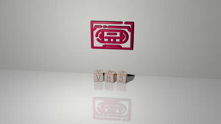 3D graphical image of vhs vertically along with text built by metallic cubic letters from the top...