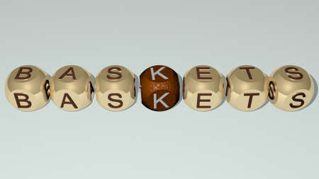 crosswords of baskets arranged by cubic letters on a mirror floor, concept meaning and presentation....
