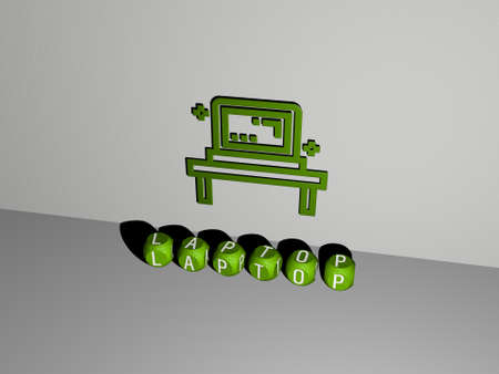 3D illustration of LAPTOP graphics and text made by metallic dice letters for the related meanings...