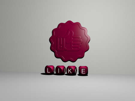 3D representation of LIKE with icon on the wall and text arranged by metallic cubic letters on a...