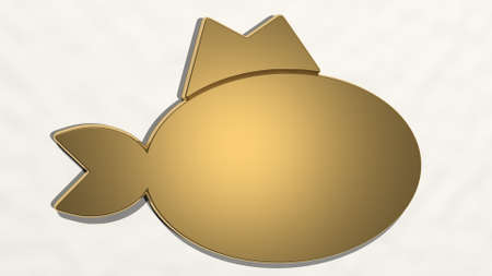 fish from a perspective on the wall. A thick sculpture made of metallic materials of 3D rendering. illustration and backgroundの写真素材