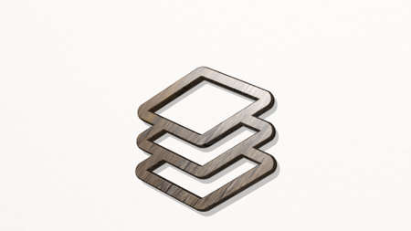 layers from a perspective on the wall. A thick sculpture made of metallic materials of 3D rendering....