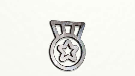 award medal from a perspective on the wall. A thick sculpture made of metallic materials of 3D rendering. illustration and backgroundの写真素材
