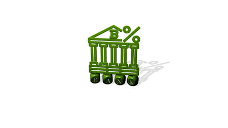 3D representation of bank with icon on the wall and text arranged by metallic cubic letters on a mirror floor for concept meaning and slideshow presentation. business and illustrationの写真素材