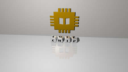 3D graphical image of chip vertically along with text built by metallic cubic letters from the top perspective, excellent for the concept presentation and slideshows. background and illustrationの写真素材