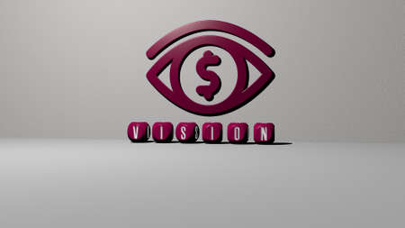 3D graphical image of VISION vertically along with text built by metallic cubic letters from the top perspective, excellent for the concept presentation and slideshows. illustration and businessの写真素材