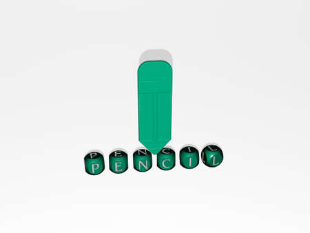 3D representation of pencil with icon on the wall and text arranged by metallic cubic letters on a...