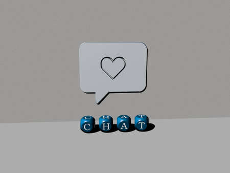 3D representation of chat with icon on the wall and text arranged by metallic cubic letters on a mirror floor for concept meaning and slideshow presentation. illustration and communicationの写真素材