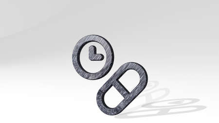 pill clock casting shadow from a perspective. A thick sculpture made of metallic materials of 3D...