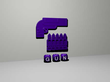 3D illustration of GUN graphics and text made by metallic dice letters for the related meanings of the concept and presentations. background and armyの写真素材