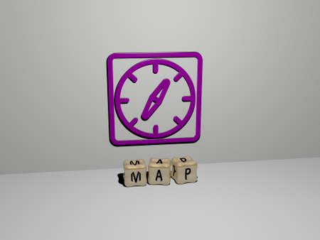 3D representation of MAP with icon on the wall and text arranged by metallic cubic letters on a...