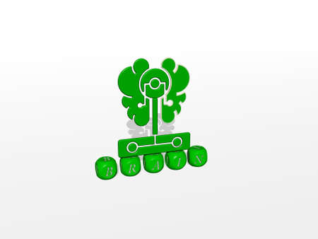 3D representation of BRAIN with icon on the wall and text arranged by metallic cubic letters on a mirror floor for concept meaning and slideshow presentation. illustration and backgroundの写真素材