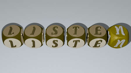 LISTEN combined by dice letters and color crossing for the related meanings of the concept. music and headphonesの写真素材