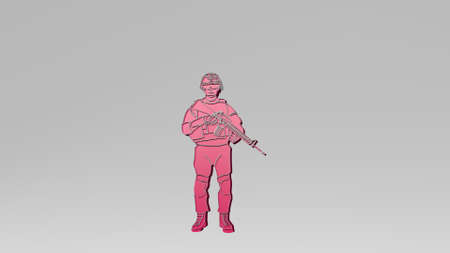 SOLDIER WITH GUN made by 3D illustration of a shiny metallic sculpture on a wall with light background. army and militaryの写真素材