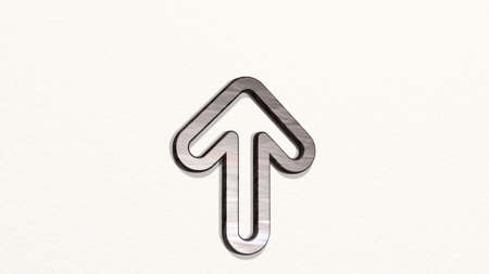 arrow thick up from a perspective on the wall. A thick sculpture made of metallic materials of 3D...