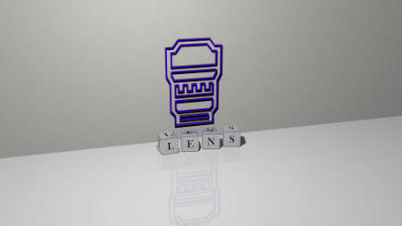 3D illustration of lens graphics and text made by metallic dice letters for the related meanings of...