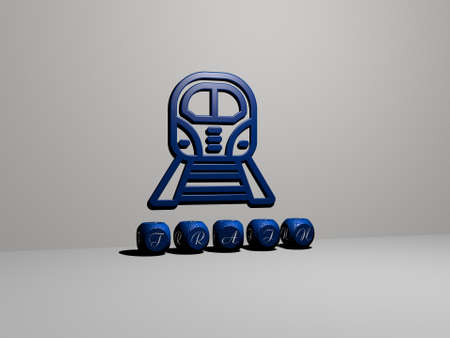 3D representation of TRAIN with icon on the wall and text arranged by metallic cubic letters on a mirror floor for concept meaning and slideshow presentation. station and editorialの写真素材