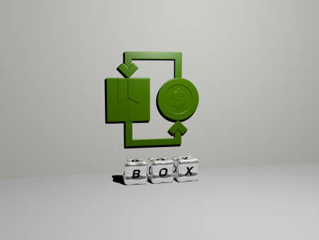 3D illustration of box graphics and text made by metallic dice letters for the related meanings of...