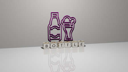 3D representation of BOTTLE with icon on the wall and text arranged by metallic cubic letters on a mirror floor for concept meaning and slideshow presentation. background and illustrationの写真素材