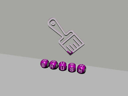 3D graphical image of brush vertically along with text built by metallic cubic letters from the top...