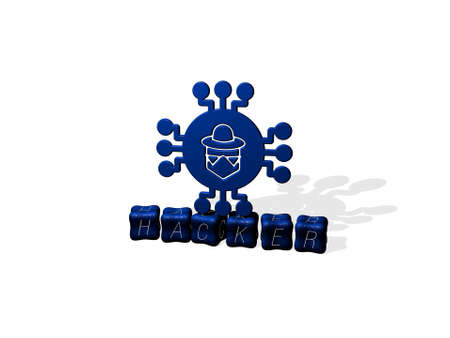 3D representation of hacker with icon on the wall and text arranged by metallic cubic letters on a mirror floor for concept meaning and slideshow presentation. computer and dataの写真素材