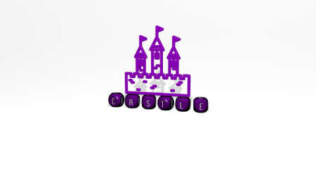 3D illustration of CASTLE graphics and text made by metallic dice letters for the related meanings of the concept and presentations. architecture and buildingの写真素材