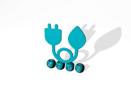 3D illustration of PLUG graphics and text made by metallic dice letters for the related meanings of the concept and presentations. electric and cableの写真素材