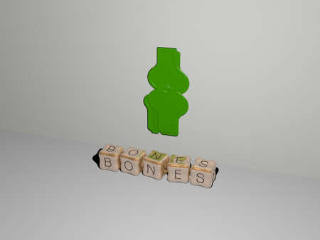 3D graphical image of BONES vertically along with text built by metallic cubic letters from the top...