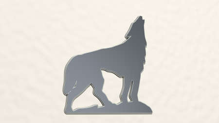 howling wolf from a perspective on the wall. A thick sculpture made of metallic materials of 3D rendering. illustration and animalの写真素材