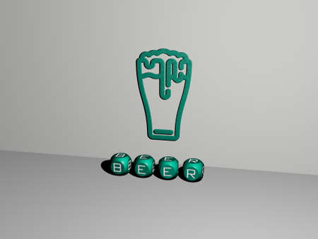 3D illustration of BEER graphics and text made by metallic dice letters for the related meanings of the concept and presentations. alcohol and backgroundの写真素材