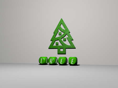 3D graphical image of tree vertically along with text built by metallic cubic letters from the top perspective, excellent for the concept presentation and slideshows. background and christmasの写真素材