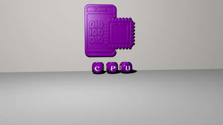 3D representation of cpu with icon on the wall and text arranged by metallic cubic letters on a...