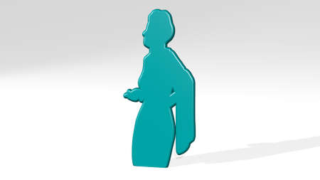 girl made by 3D illustration of a shiny metallic sculpture with the shadow on light background....