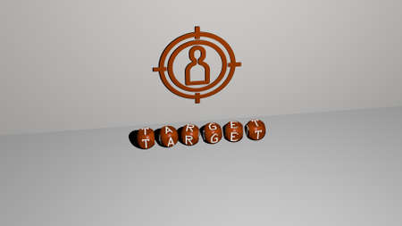 3D illustration of TARGET graphics and text made by metallic dice letters for the related meanings...