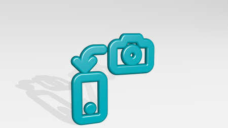 TRANSFER PICTURES SMARTPHONE stand with shadow. 3D illustration of metallic sculpture over a white background with mild texture. icon and conceptの写真素材