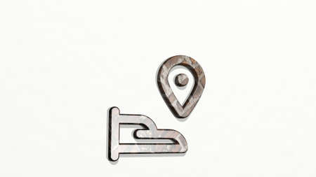 share location hand made by 3D illustration of a shiny metallic sculpture on a wall with light background. business and conceptの写真素材