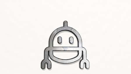 ROBOT on the wall. 3D illustration of metallic sculpture over a white background with mild texture. artificial and conceptの写真素材
