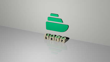 3D graphical image of SHIP vertically along with text built by metallic cubic letters from the top...