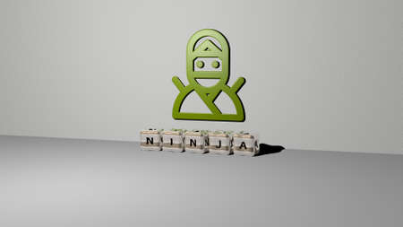 3D representation of ninja with icon on the wall and text arranged by metallic cubic letters on a mirror floor for concept meaning and slideshow presentation. illustration and backgroundの写真素材