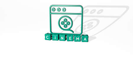 3D representation of CINEMA with icon on the wall and text arranged by metallic cubic letters on a...